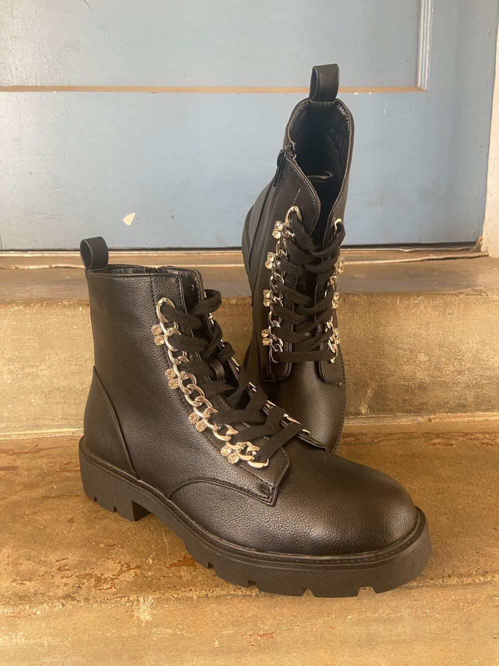 XOXO Priscie black fashion combat style boots with rhinestone chain detail